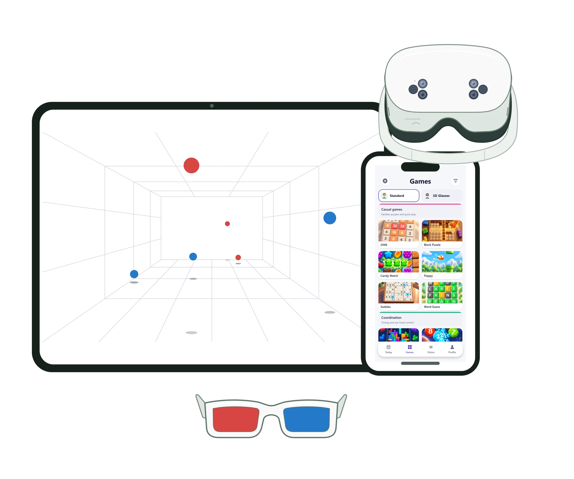 Optics Trainer home activities on a tablet, phone and VR headset with red/blue glasses